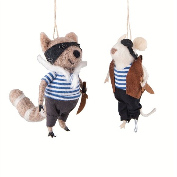 Pirate Mouse and Raccoon Wooly Ornaments Set of 2 - Picture 1 of 1